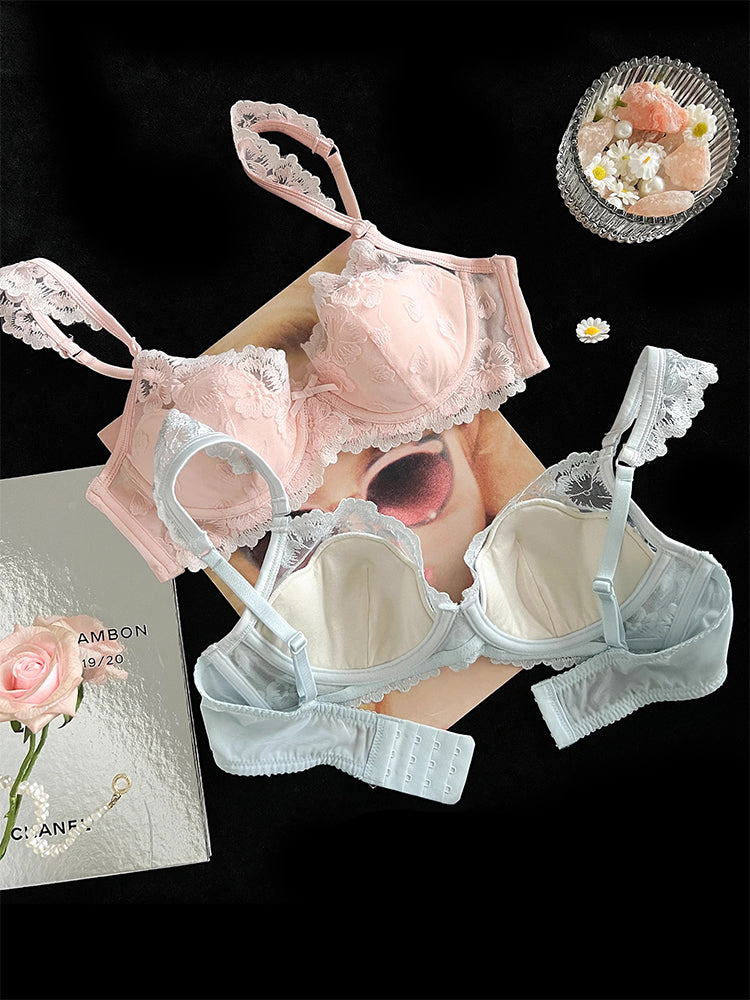 【ワイヤー入り】フリル肩紐 配色刺繍ブラジャー&ショーツ