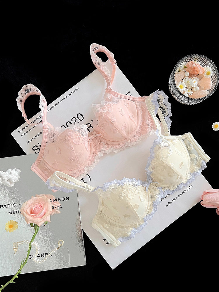 【ワイヤー入り】フリル肩紐 配色刺繍ブラジャー&ショーツ