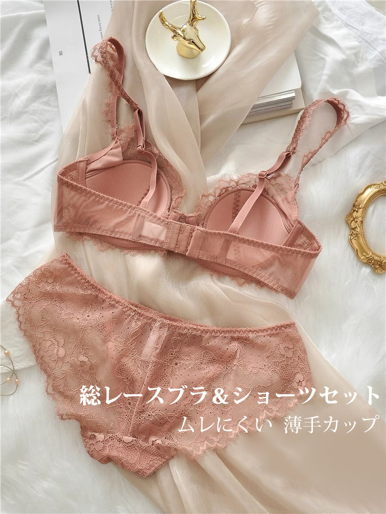 【エアリー】柔らかい総レースブラ&ショーツセット