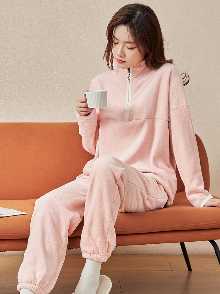 【在庫処分】温活にぴったり!あったか裏毛 スポーツ風 無地ルームウェアセット(トップス&ボトムス)