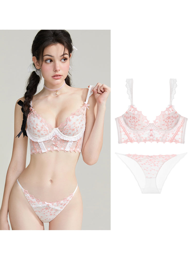 【ワイヤー入り】ロングライン 星柄レースブラ&ショーツ【脇高で背中すっきり】