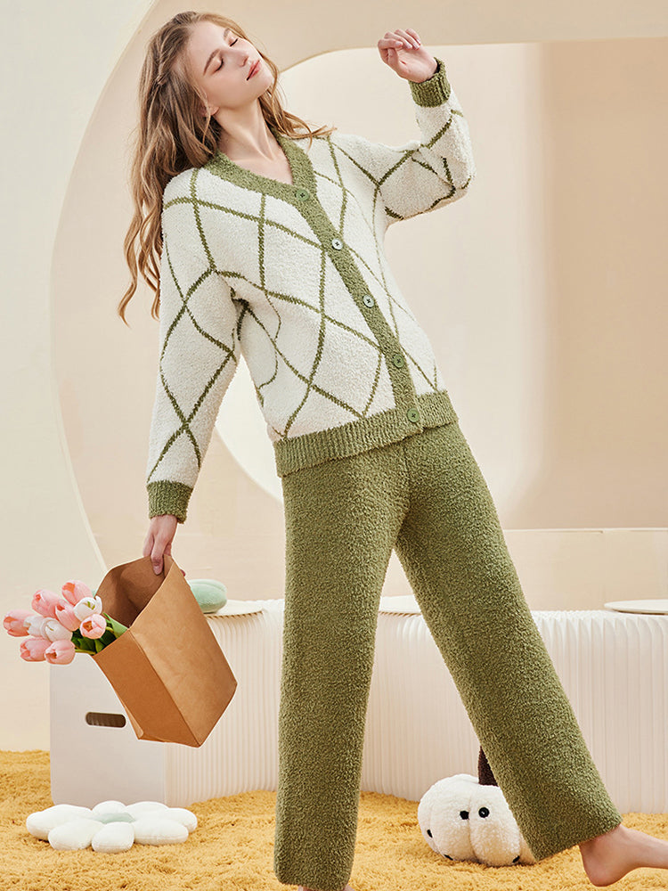 【在庫処分】ふんわりダイヤ柄ルームウェアセット(トップス&ボトムス)