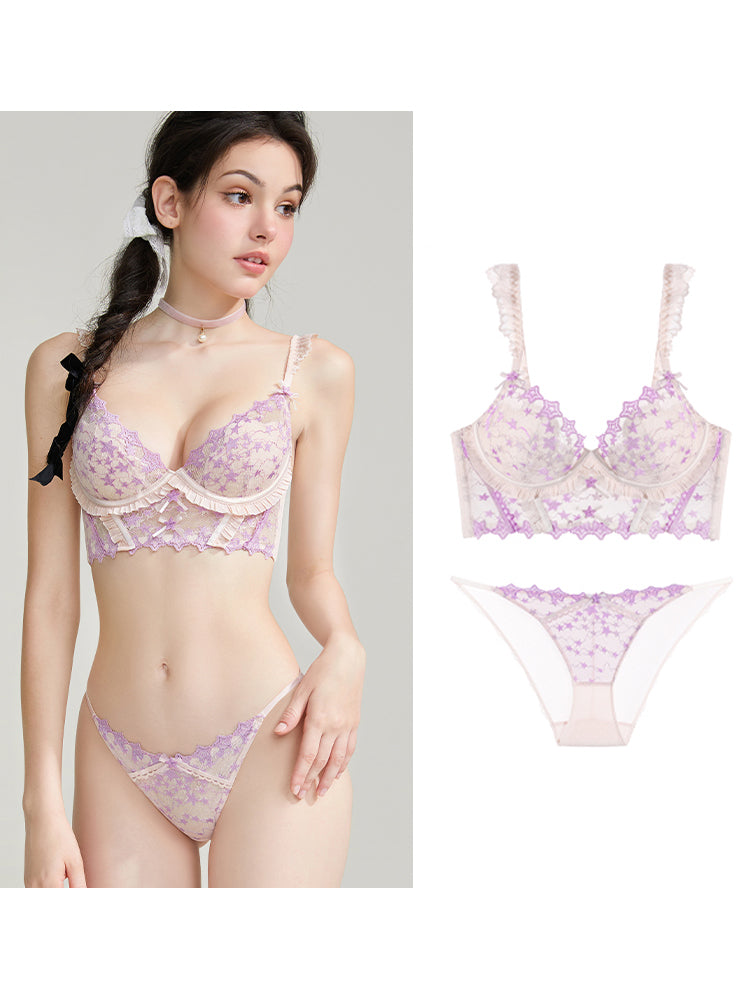 【ワイヤー入り】ロングライン 星柄レースブラ&ショーツ【脇高で背中すっきり】