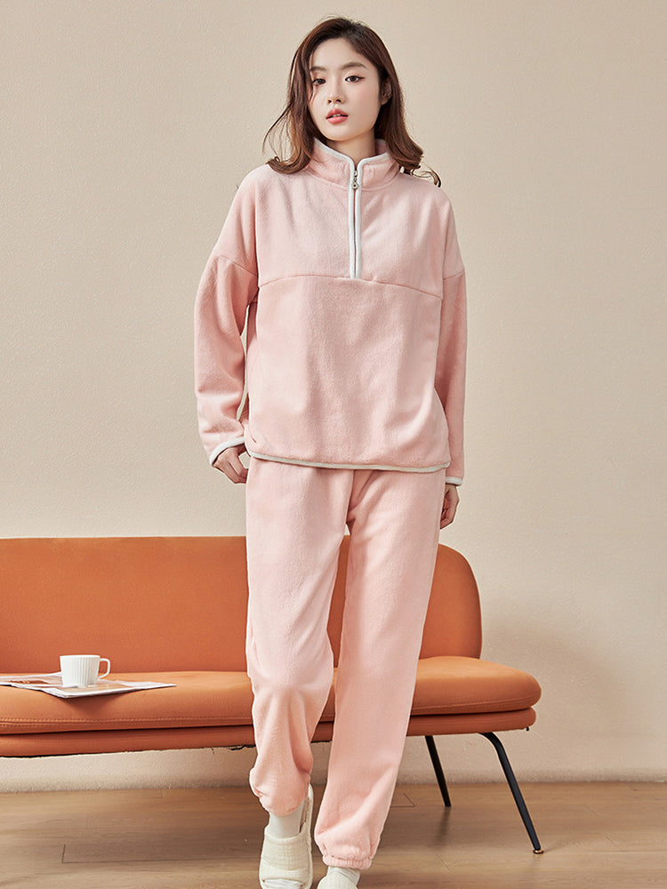 【在庫処分】温活にぴったり!あったか裏毛 スポーツ風 無地ルームウェアセット(トップス&ボトムス)