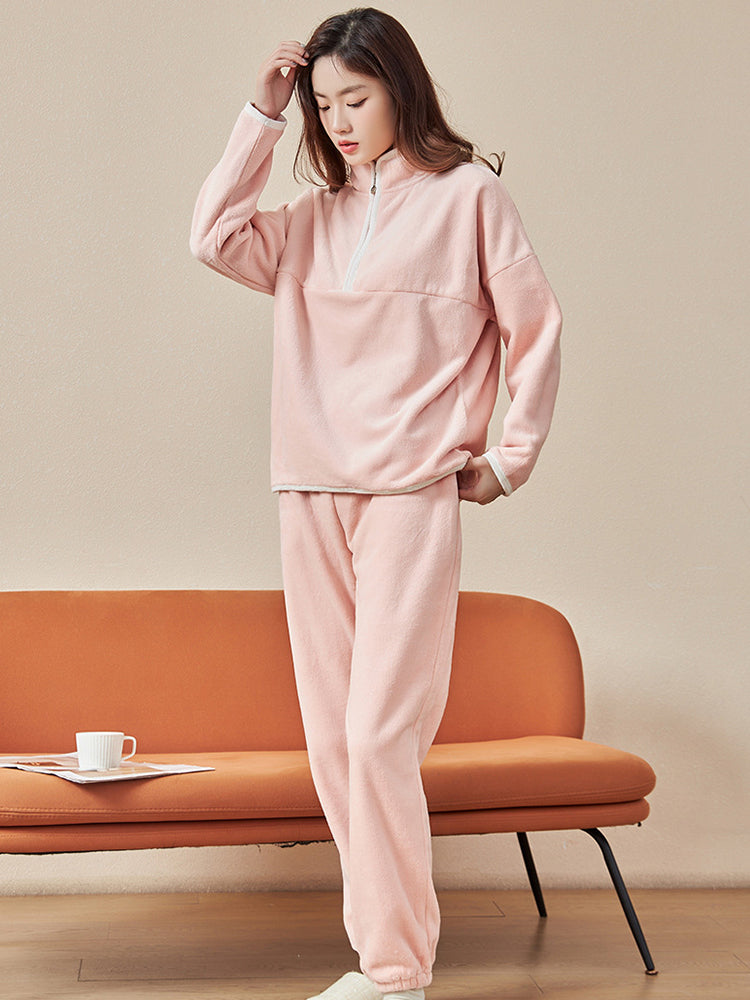 【在庫処分】温活にぴったり!あったか裏毛 スポーツ風 無地ルームウェアセット(トップス&ボトムス)