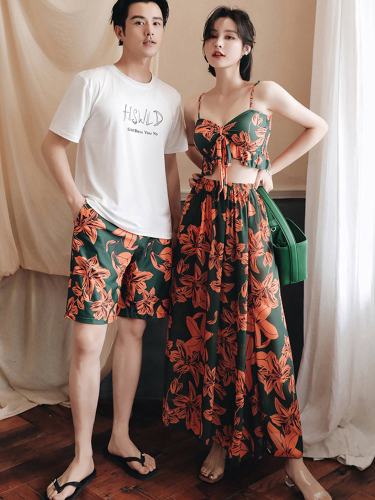 【ノンワイヤー】リリー柄ペア水着(女) スカート付き