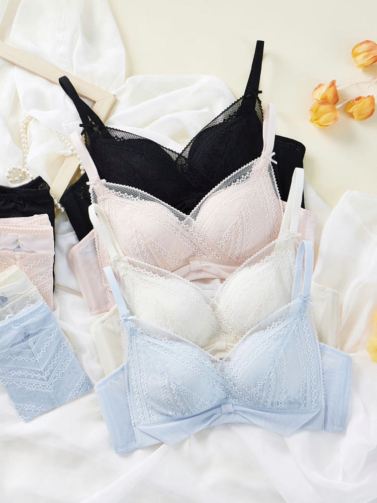 【ノンワイヤー盛れる】総レース リボン付きブラジャー&ショーツ