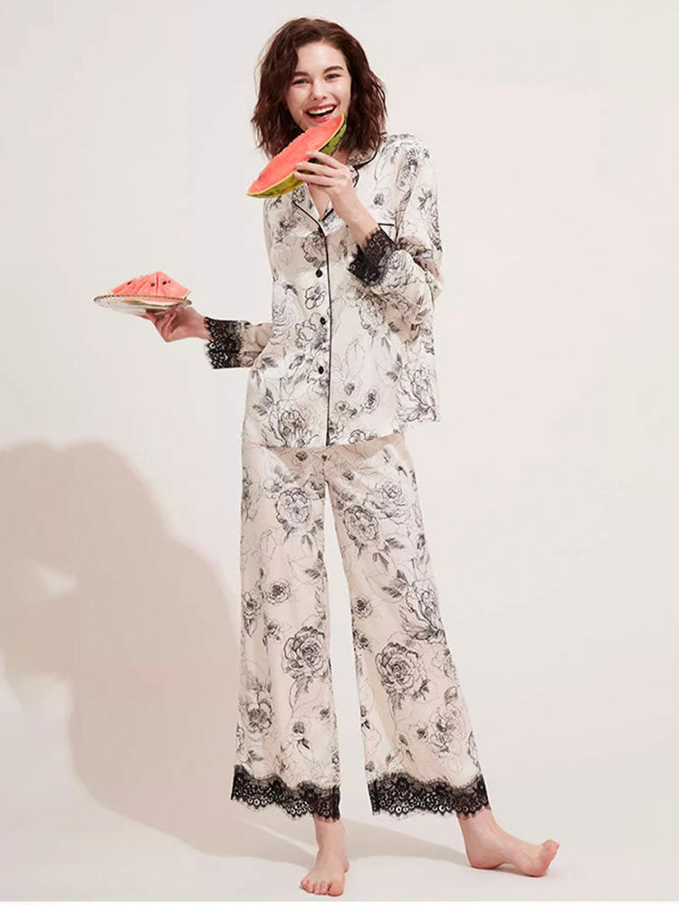 レース飾り 花柄パジャマセット 涼しいサラン素材/純綿 素材選べる