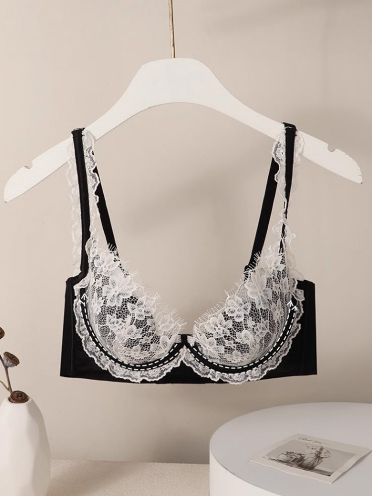 【エアリー・ワイヤー入り】花柄総レース 配色デザイン ブラ&ショーツセット