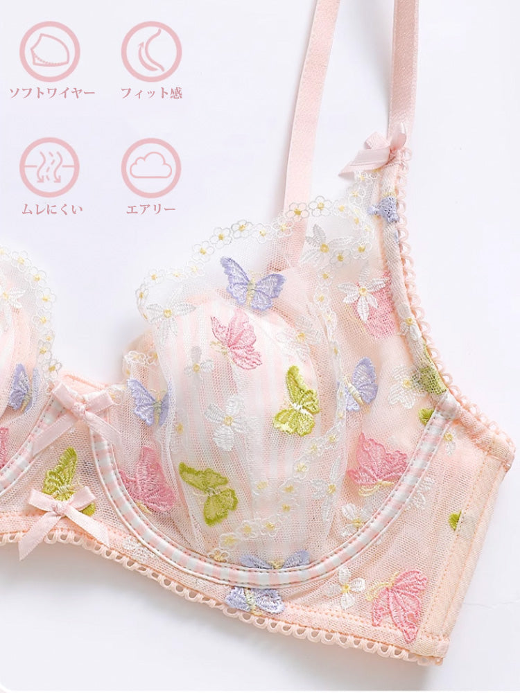【エアリー・ワイヤー入り】ソフトワイヤー ブラ&ショーツセット 花と蝶々刺繍デザイン