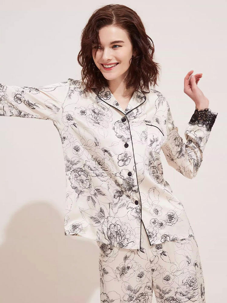 レース飾り 花柄パジャマセット 涼しいサラン素材/純綿 素材選べる