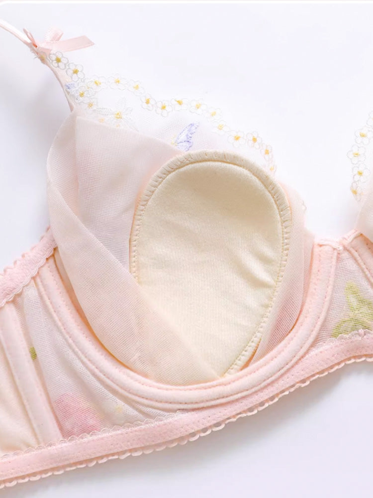 【エアリー・ワイヤー入り】ソフトワイヤー ブラ&ショーツセット 花と蝶々刺繍デザイン