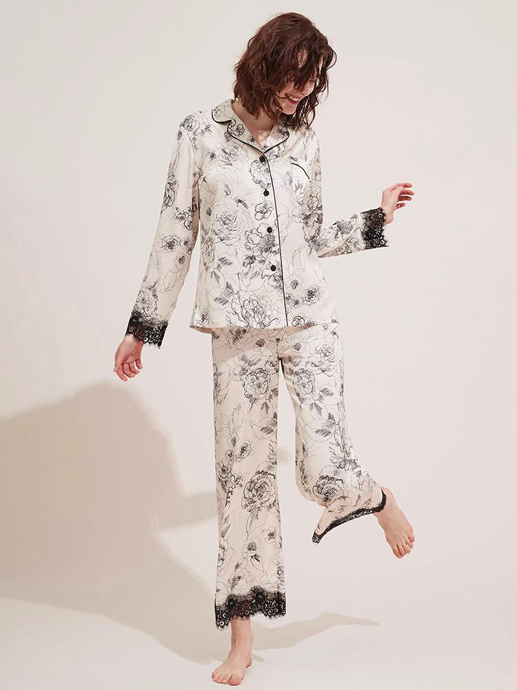 レース飾り 花柄パジャマセット 涼しいサラン素材/純綿 素材選べる