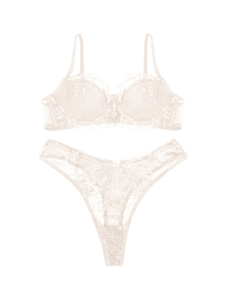 【エアリー・ワイヤー入り】エレガントな刺繍 ブラ&ショーツセット