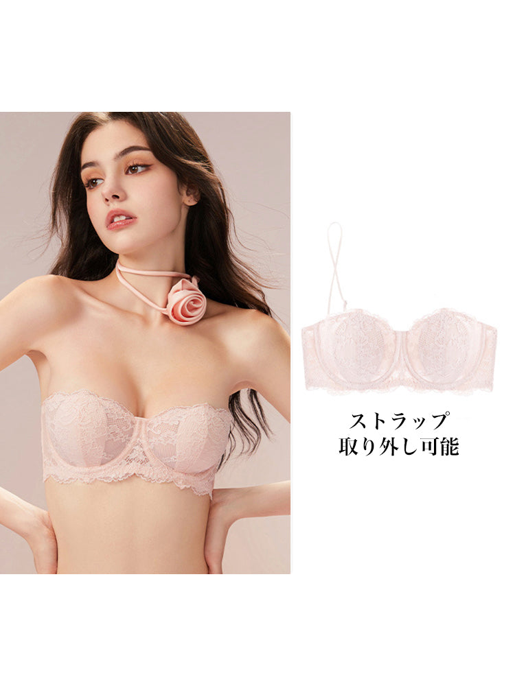 【ズレにくい・ワイヤー入り】薄手カップ 総レースストラップレスブラ