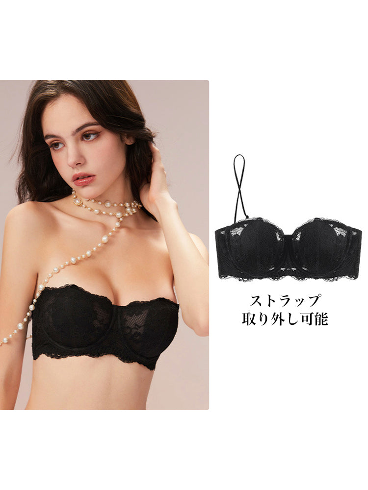 【ズレにくい・ワイヤー入り】薄手カップ 総レースストラップレスブラ