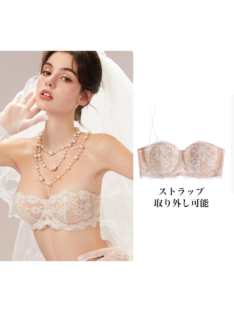 【ズレにくい・ワイヤー入り】薄手カップ 総レースストラップレスブラ