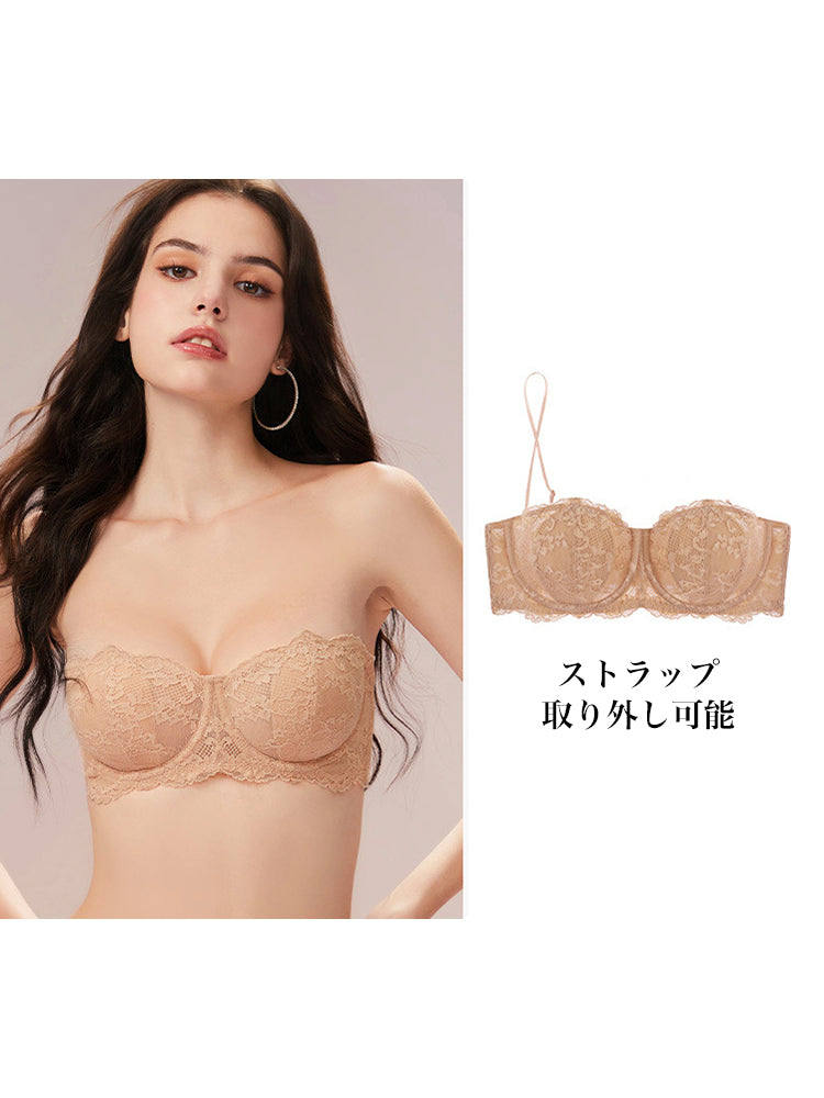 【ズレにくい・ワイヤー入り】薄手カップ 総レースストラップレスブラ