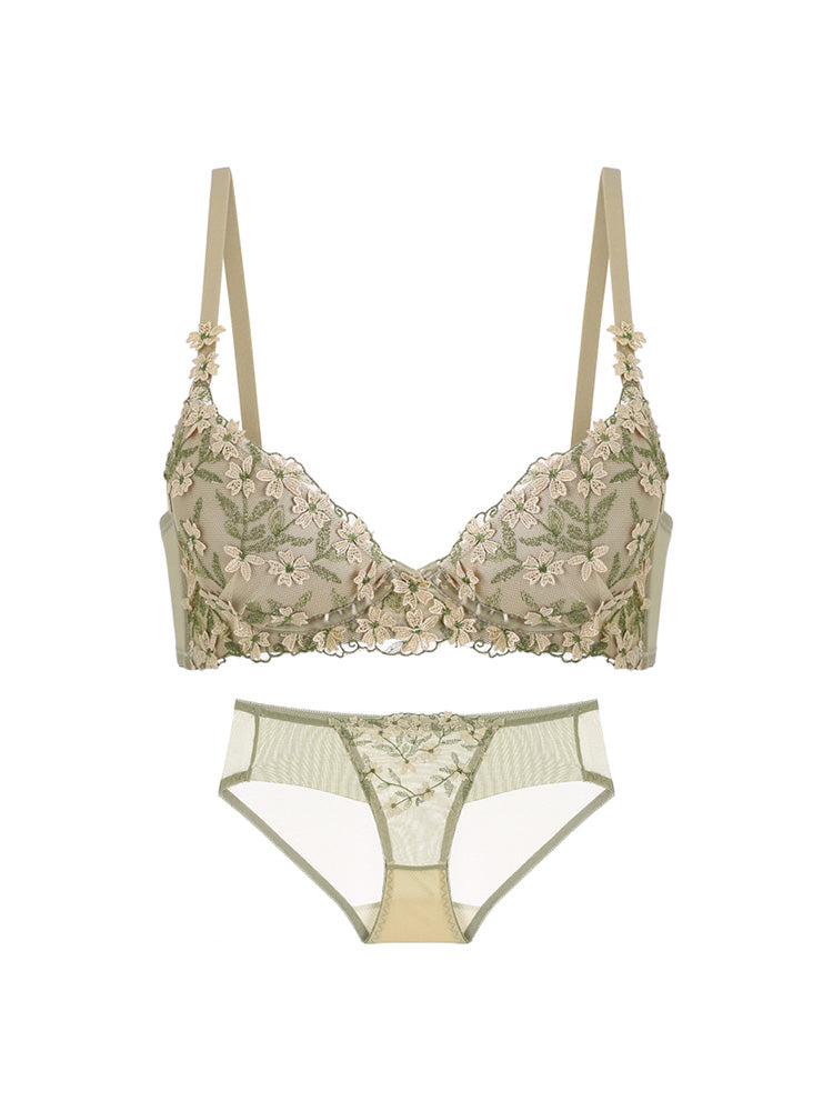 【ワイヤー入り】谷間メイク 立体花柄刺繍ブラ&ショーツ