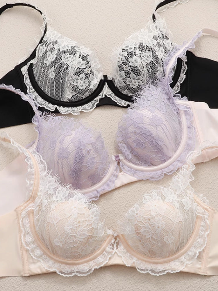 【エアリー・ワイヤー入り】花柄総レース 配色デザイン ブラ&ショーツセット