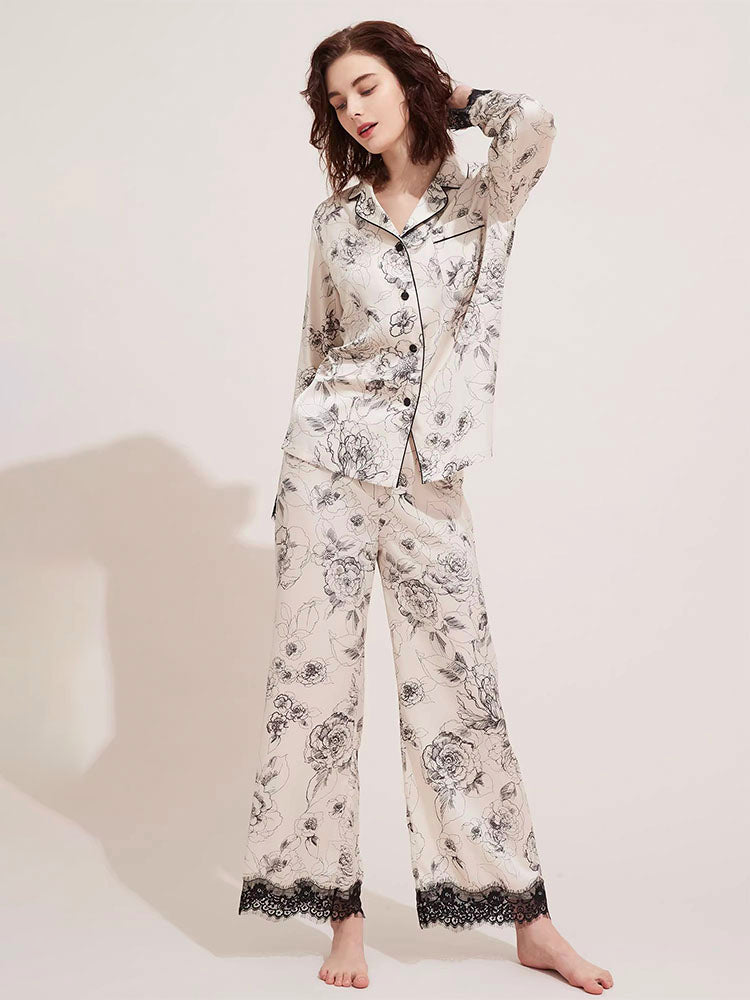 レース飾り 花柄パジャマセット 涼しいサラン素材/純綿 素材選べる