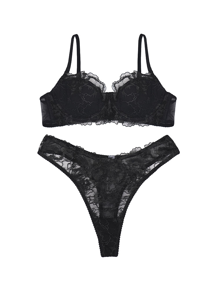 【エアリー・ワイヤー入り】エレガントな刺繍 ブラ&ショーツセット
