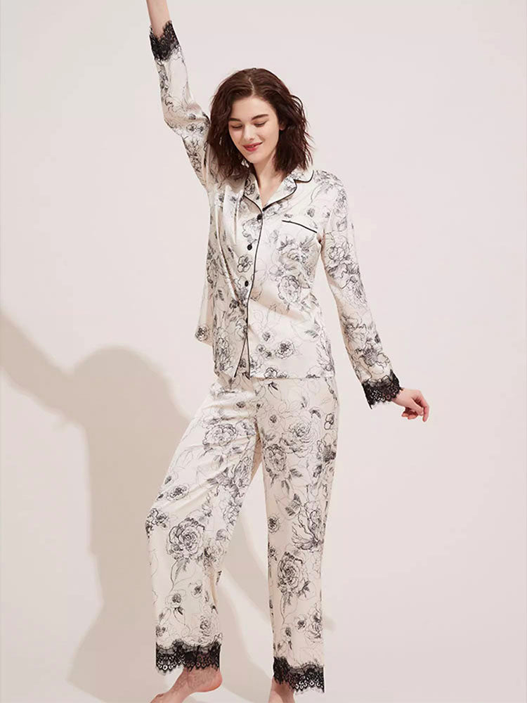 レース飾り 花柄パジャマセット 涼しいサラン素材/純綿 素材選べる