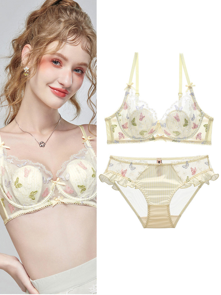【エアリー・ワイヤー入り】ソフトワイヤー ブラ&ショーツセット 花と蝶々刺繍デザイン