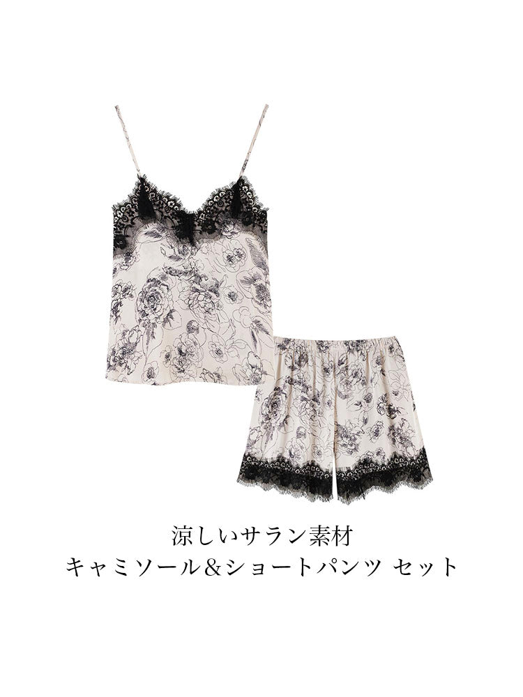 レース飾り 花柄パジャマセット 涼しいサラン素材/純綿 素材選べる