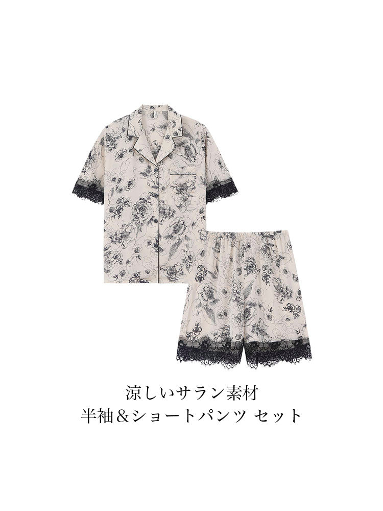 レース飾り 花柄パジャマセット 涼しいサラン素材/純綿 素材選べる