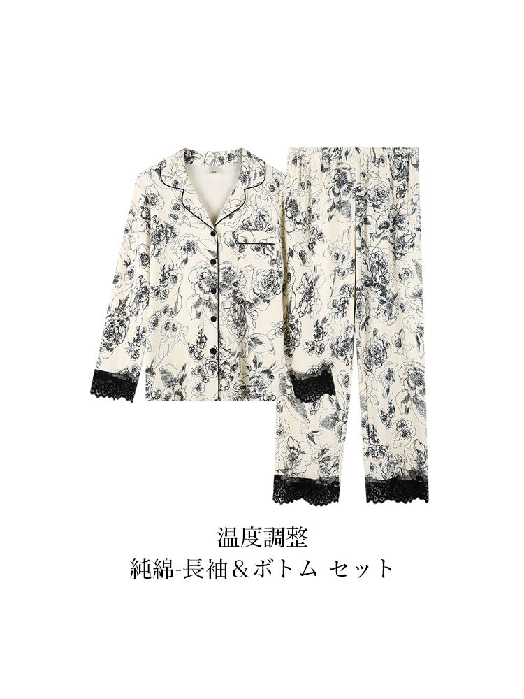 レース飾り 花柄パジャマセット 涼しいサラン素材/純綿 素材選べる