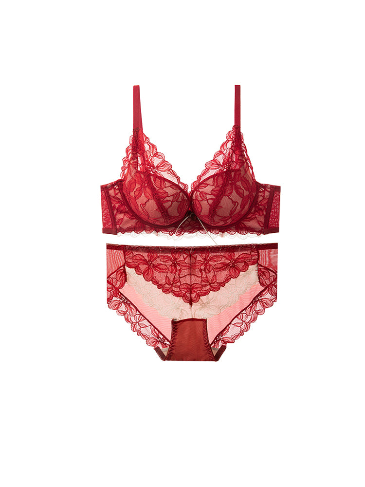 【ノンワイヤー盛れる】バイカラー花柄総レースブラ&ショーツ