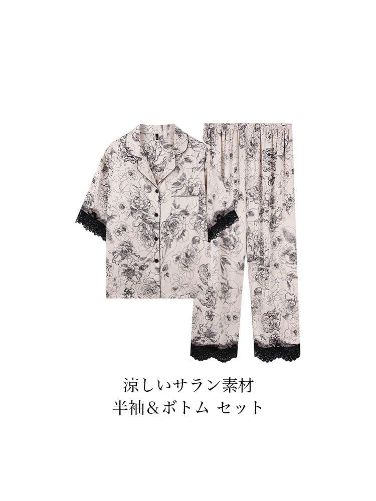 レース飾り 花柄パジャマセット 涼しいサラン素材/純綿 素材選べる