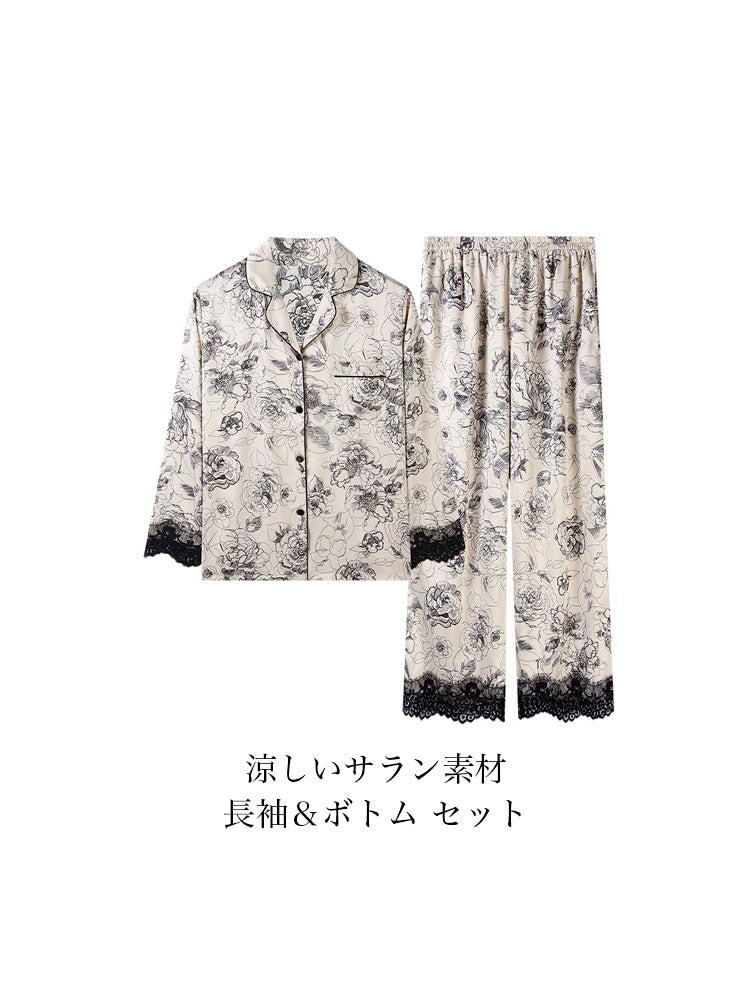 レース飾り 花柄パジャマセット 涼しいサラン素材/純綿 素材選べる