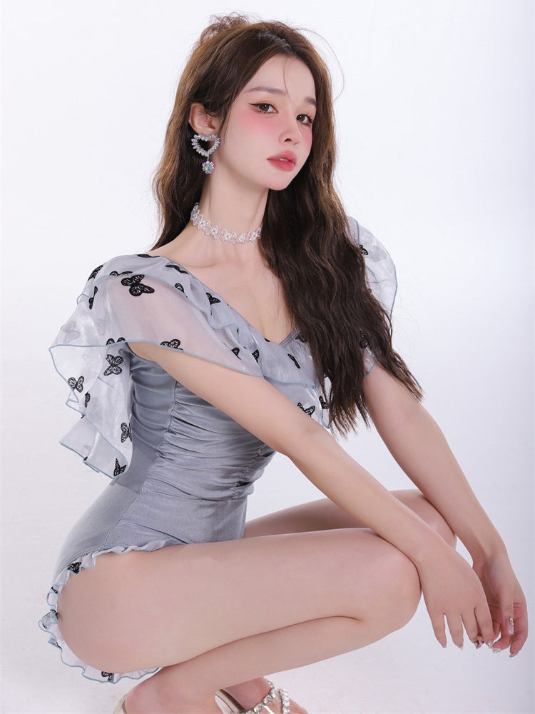 【在庫処分・ノンワイヤー】バタフライ フリルスリーブスイムウェア ワンピース水着