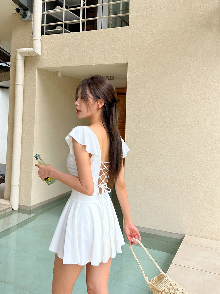 【ワイヤー入り】クロスバック 背中見せ体型カバー水着 2点セット