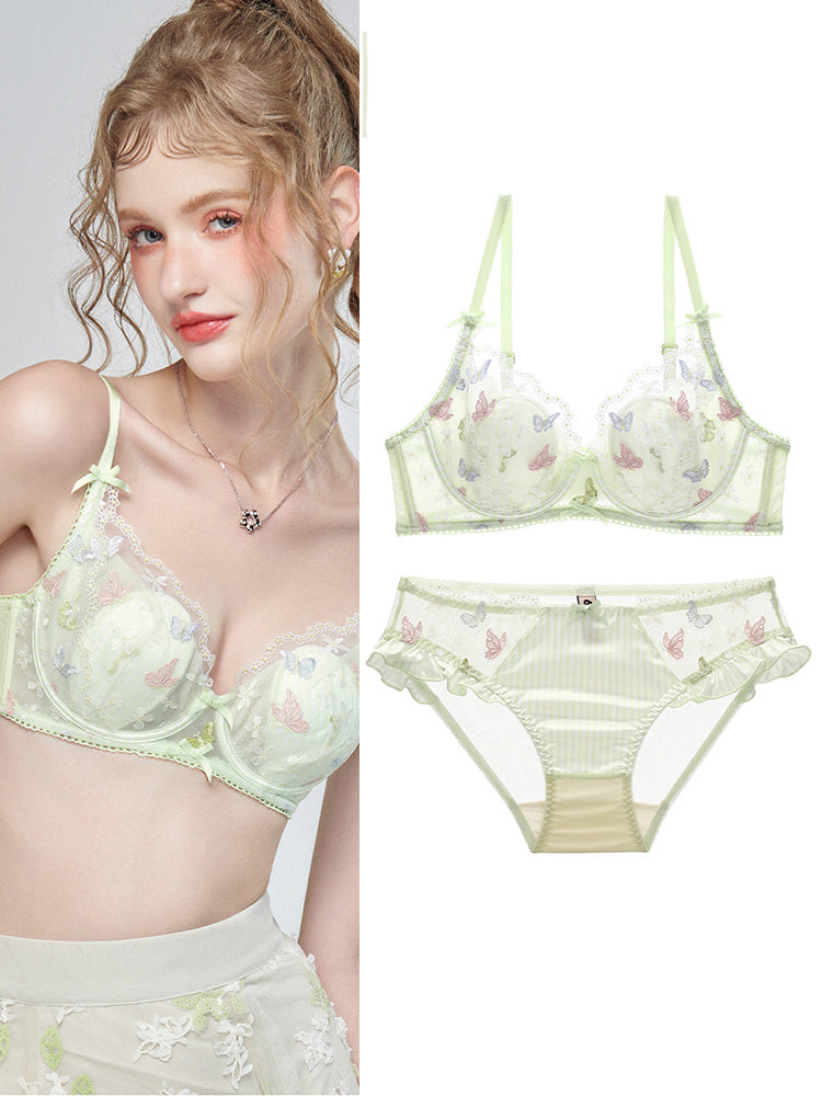 【エアリー・ワイヤー入り】ソフトワイヤー ブラ&ショーツセット 花と蝶々刺繍デザイン