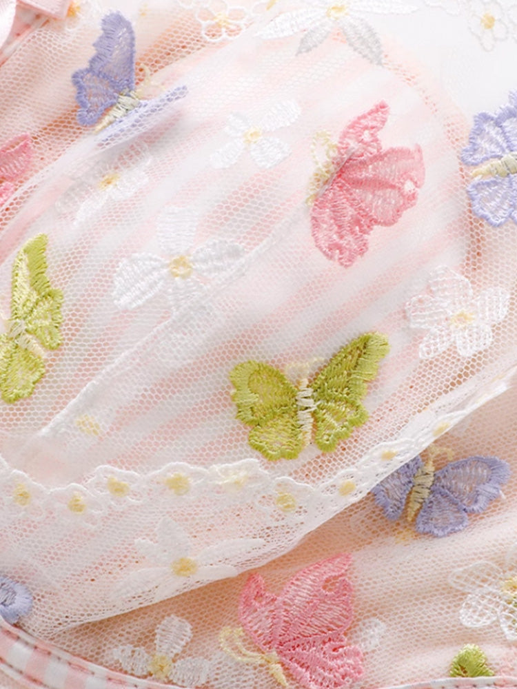 【在庫処分・エアリー・ワイヤー入り】ソフトワイヤー ブラ&ショーツセット 花と蝶々刺繍デザイン