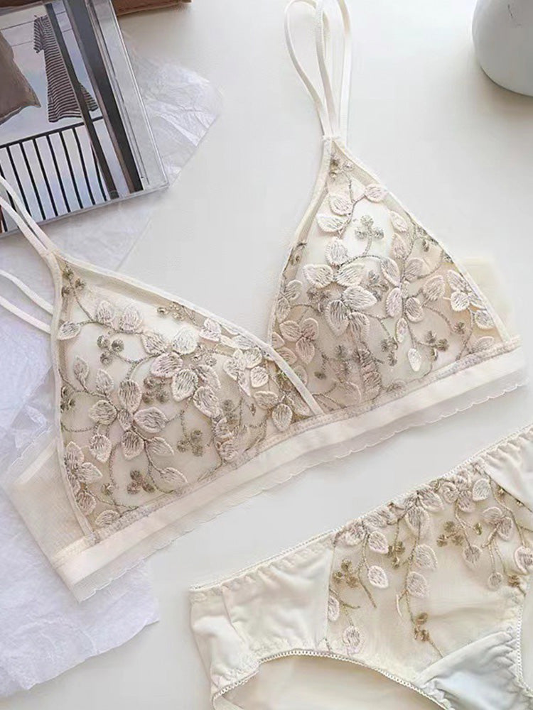 【ノンワイヤー】フランス刺繡セクシーレース下着セット ブラ&ショーツ