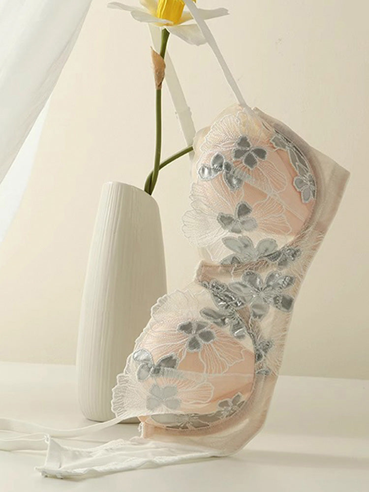 【エアリー・ワイヤー入り】花柄刺しゅうブラセット 1/2カップ