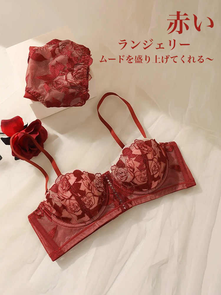 【エアリー・ワイヤー入り】ローズ柄 1/2カップブラセット