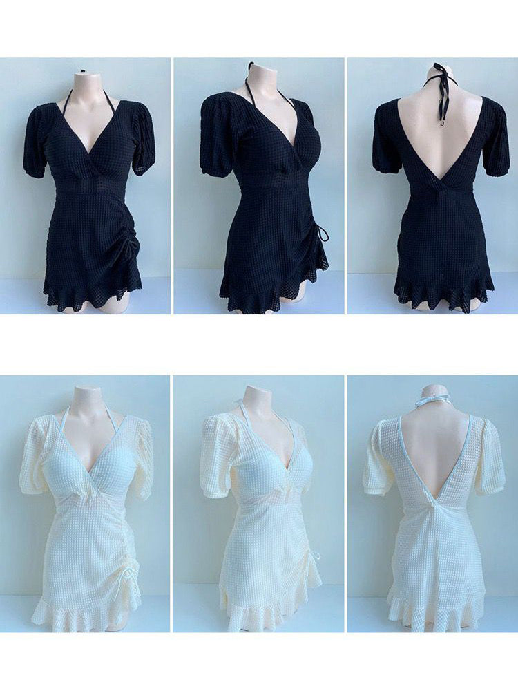 【ワイヤー入り】シンプルデザイン シアワンピース付き水着