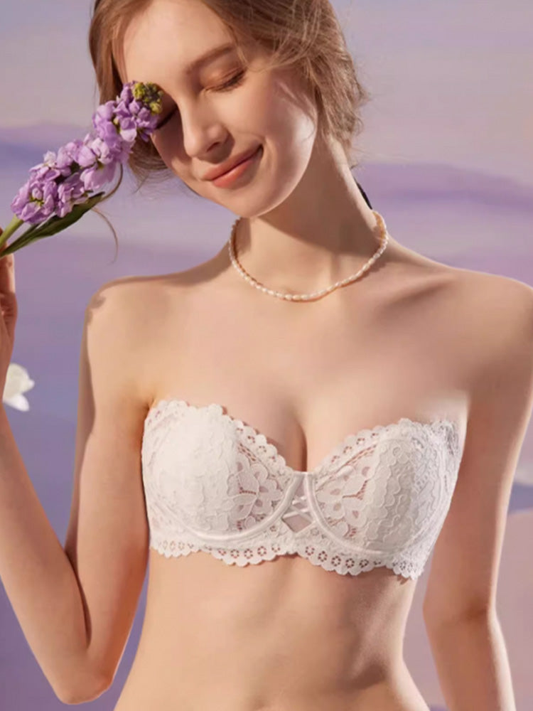 【ズレにくい・ワイヤー入り】ストラップレス 総レースブラ&ショーツ