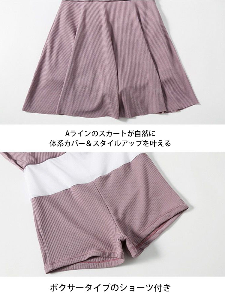 【ノンワイヤー】ウェスト細く見えシャーリングデザイン ワンピース水着