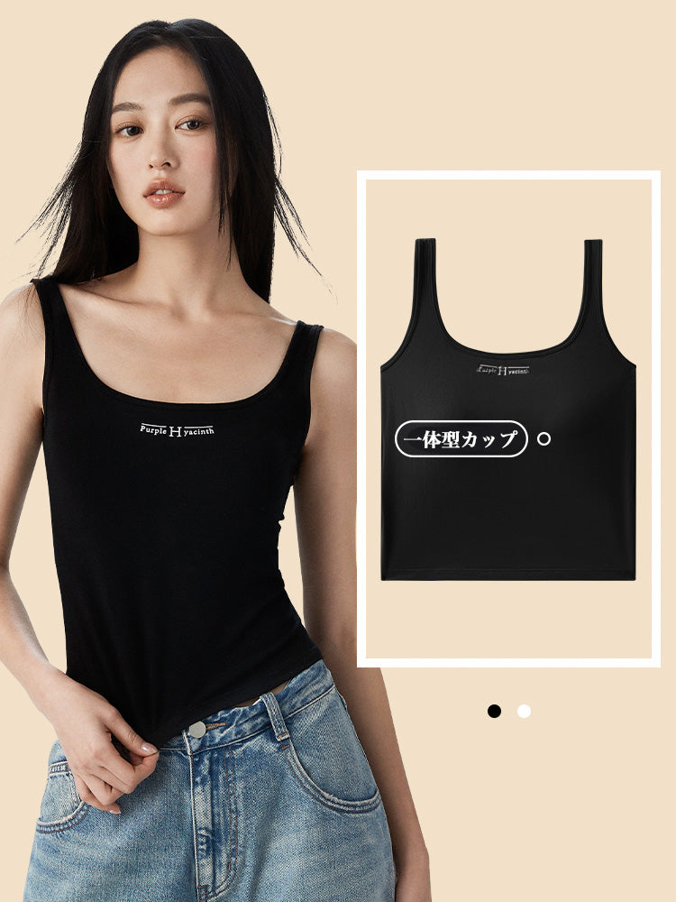 立体感のある英字ロゴプリント タンクトップ カップ付き