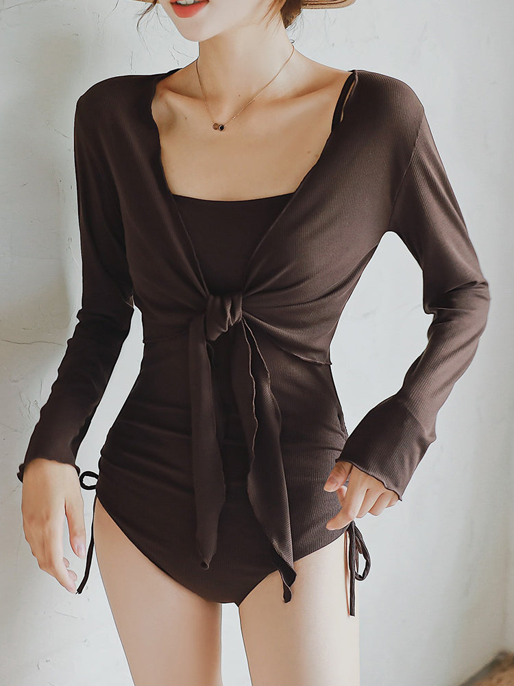 【ノンワイヤー】カーディガン×ワンピース サイドギャザー セット水着