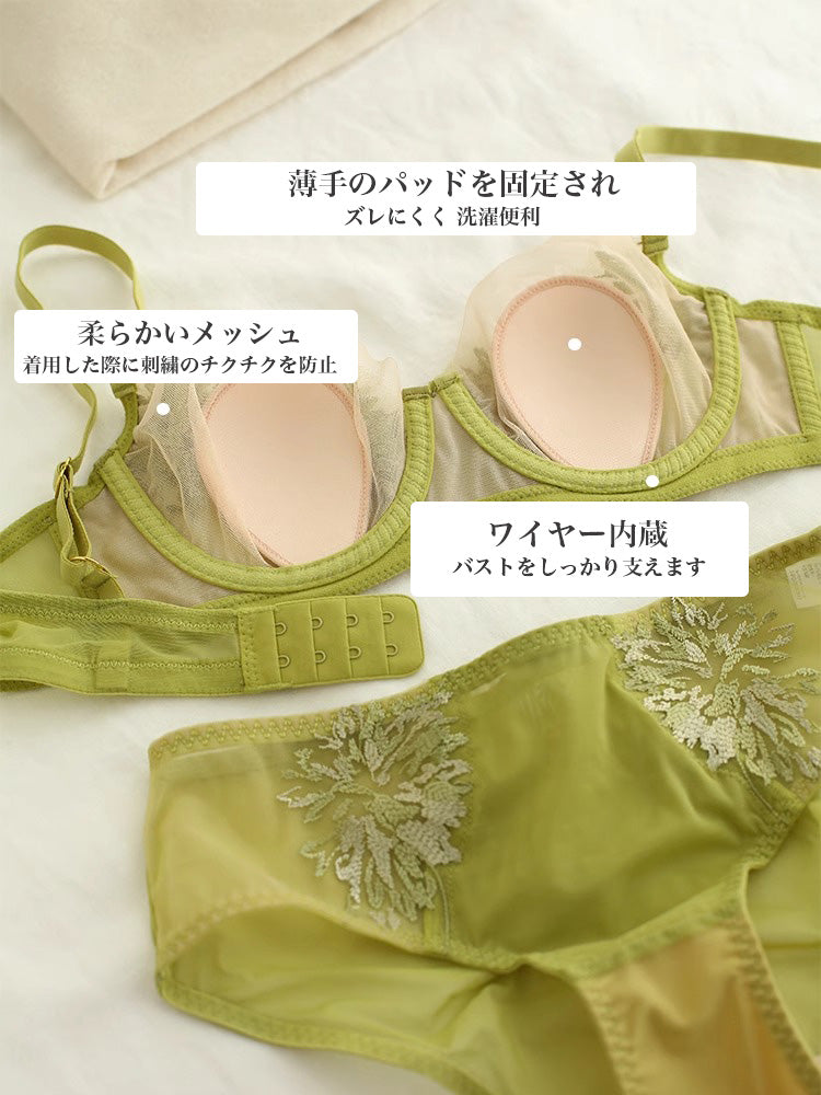 【エアリー・ワイヤー入り】花柄刺しゅうブラセット 3/4カップ