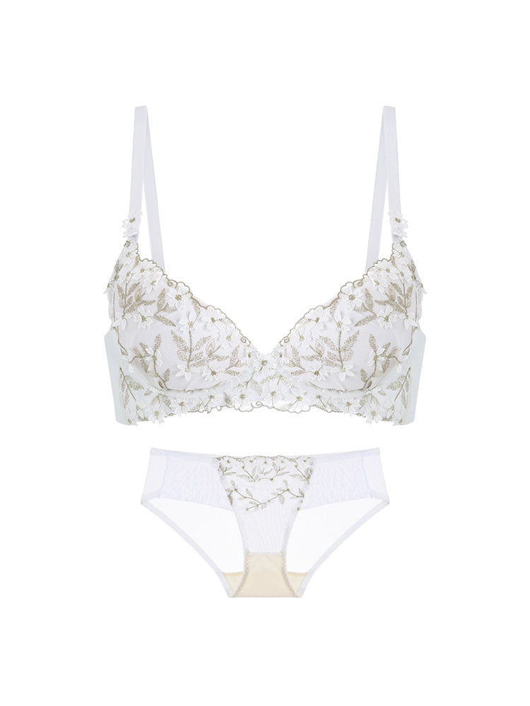 【ワイヤー入り】谷間メイク 立体花柄刺繍ブラ&ショーツ