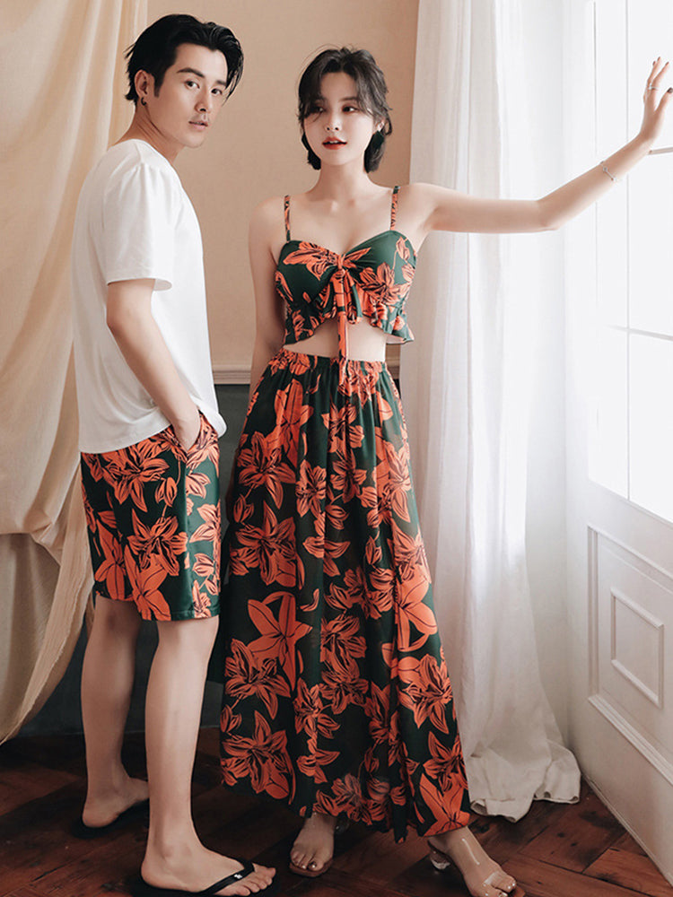 【ノンワイヤー】リリー柄ペア水着(女) スカート付き