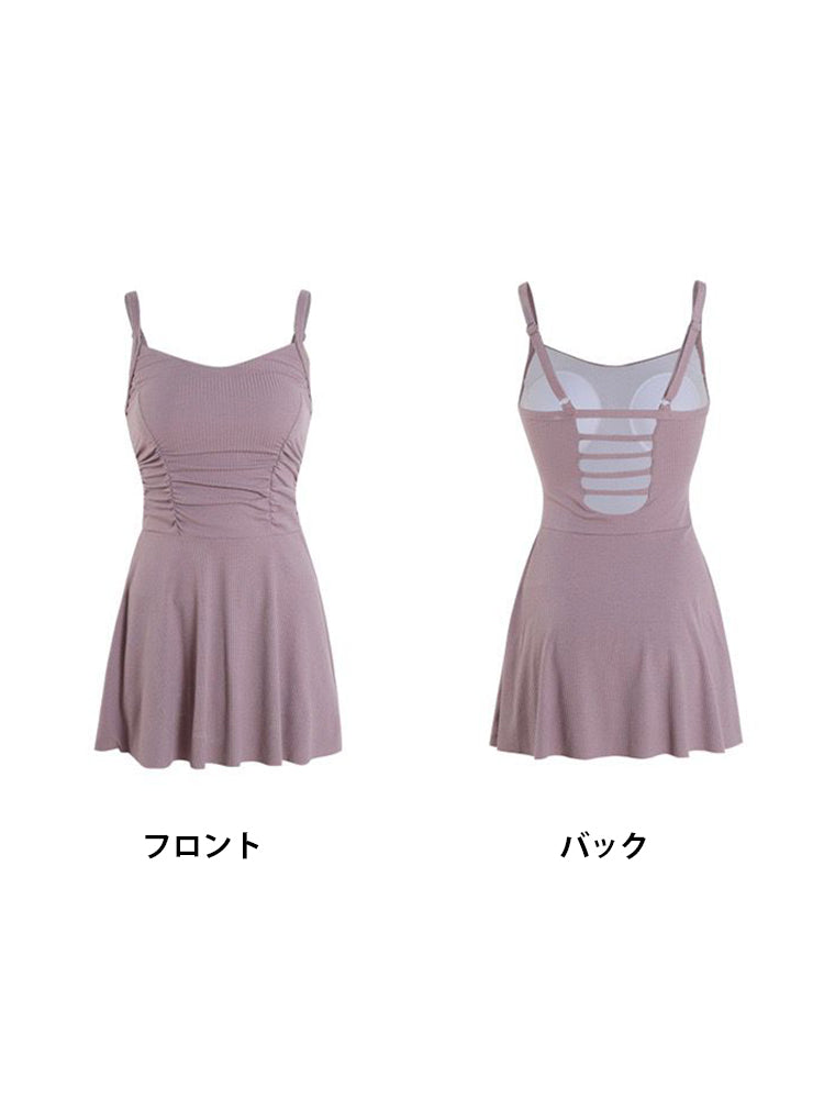 【ノンワイヤー】ウェスト細く見えシャーリングデザイン ワンピース水着